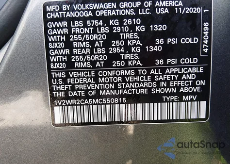 2021 Volkswagen Atlas 3.6L V6 Se W/Technology from USA, damaged, VIN 1V2WR2CA5MC550815